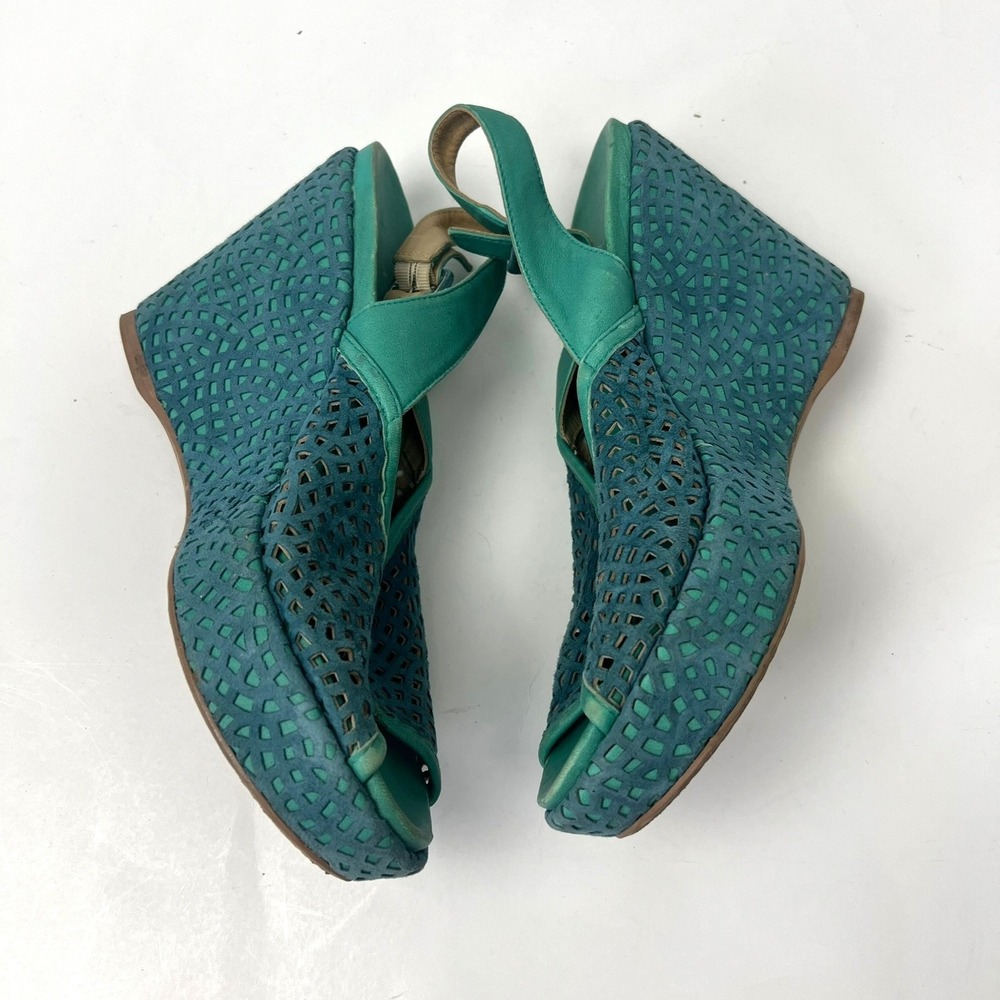 Audley London Teal Green Suede Laser Cut Wedge Sandals 9 Peep Toe Slingback Boho - Picture 6 of 12